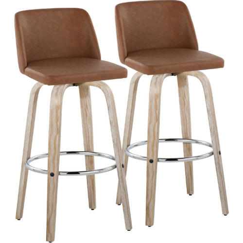 Toriano 30" Swivel Bar Stool in White Washed Wood & Camel Leatherette w/ Chrome Footrest (Set of 2)